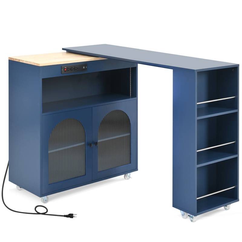 Navy Rolling Kitchen Island with LED Lights & Storage