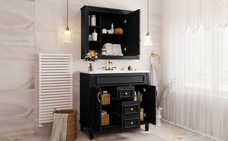 Sleek Black Bathroom Vanity with Mirror & Soft-Close Storage