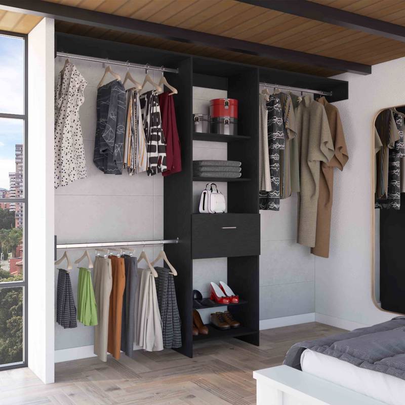 Sleek Black Closet Organizer with Open Shelves and Drawer
