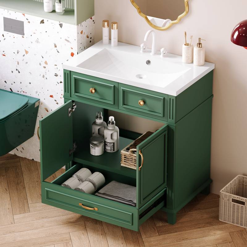 Vintage Green Bathroom Vanity with Soft-Close Storage