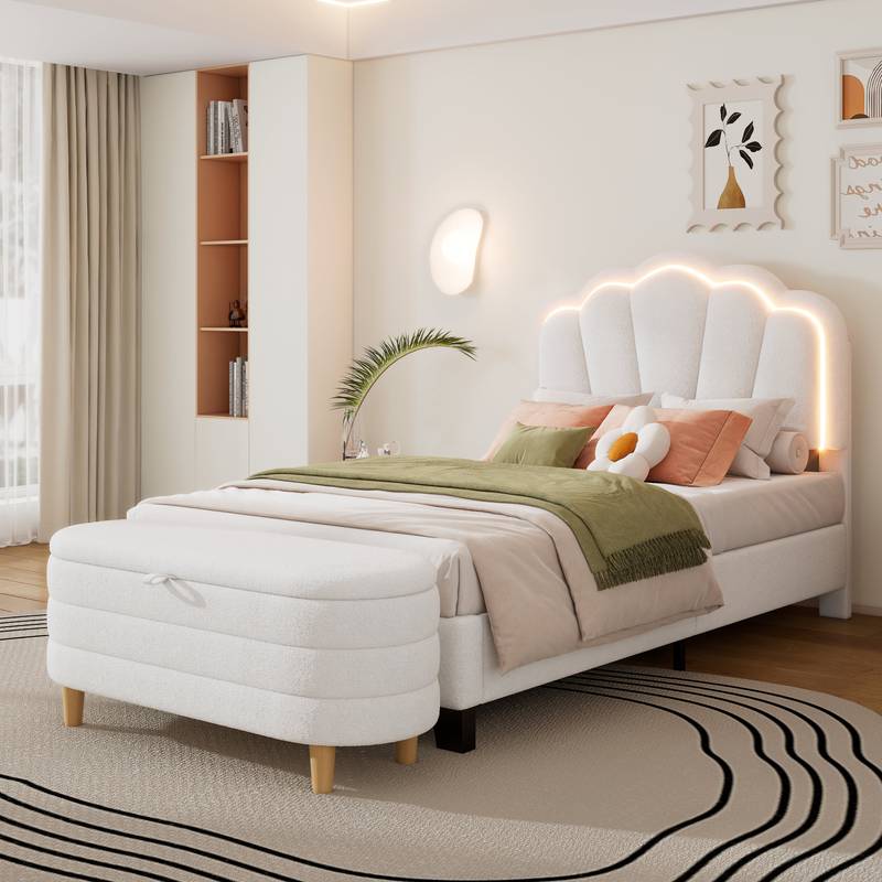 Cozy Floral Twin Bed Set with LED and Storage Ottoman