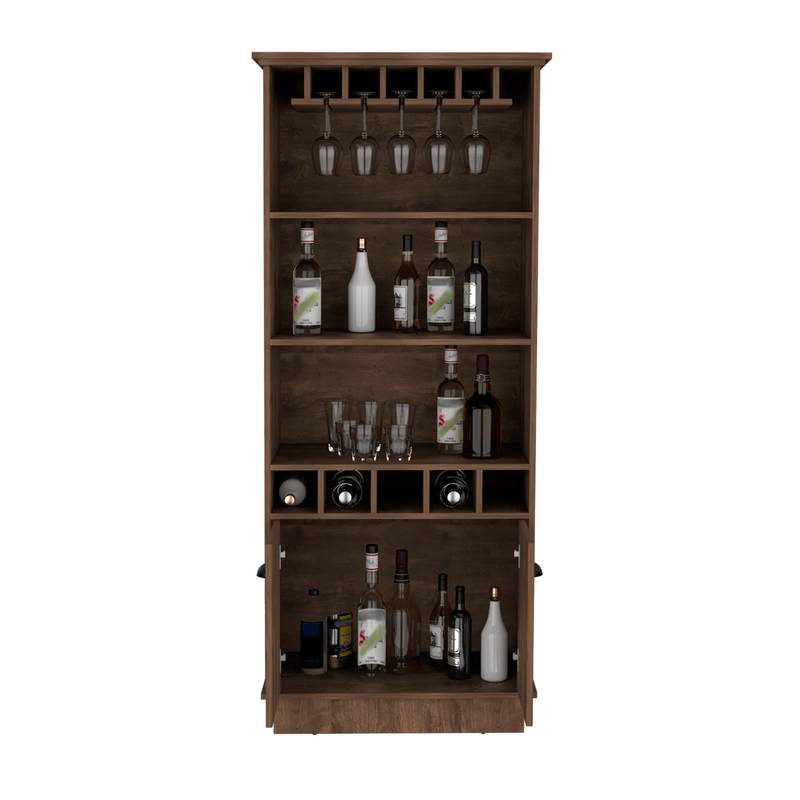 Dundee Tall Glass Bar Cabinet with Shelves and Cubbies