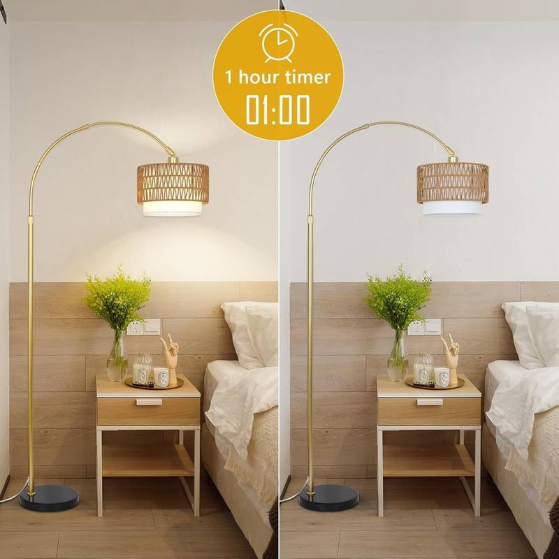 Cozy Rattan Arc Lamp with Remote & Dimming Features