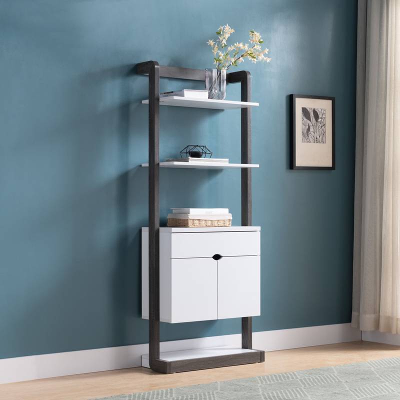Stylish White & Grey Bookcase with Open Shelves and Storage