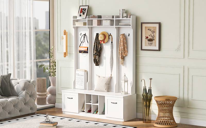 Versatile Entryway Bench with Coat Rack & Drawers