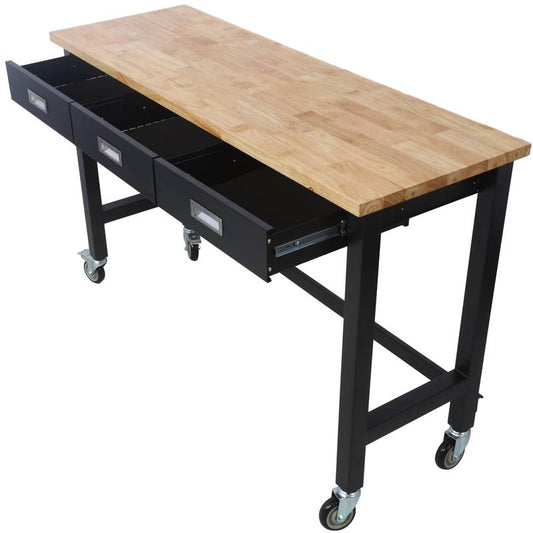 Heavy Duty Bamboo Workbench with Wheels and Storage Drawer
