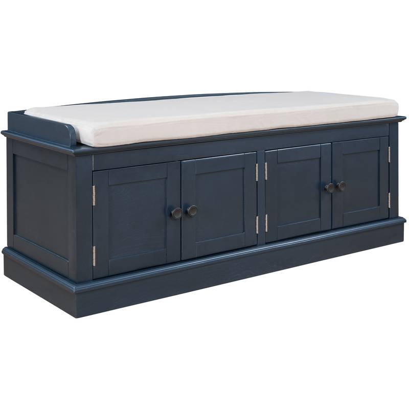 Navy Storage Bench with Cushion & Shelves