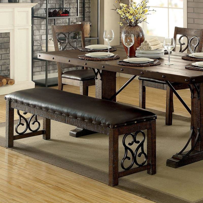 Rustic Walnut Leatherette Dining Bench