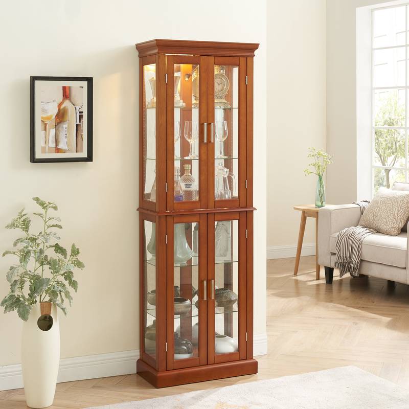 Luminous Walnut Curio Cabinet with Adjustable Shelves and Mirror Back