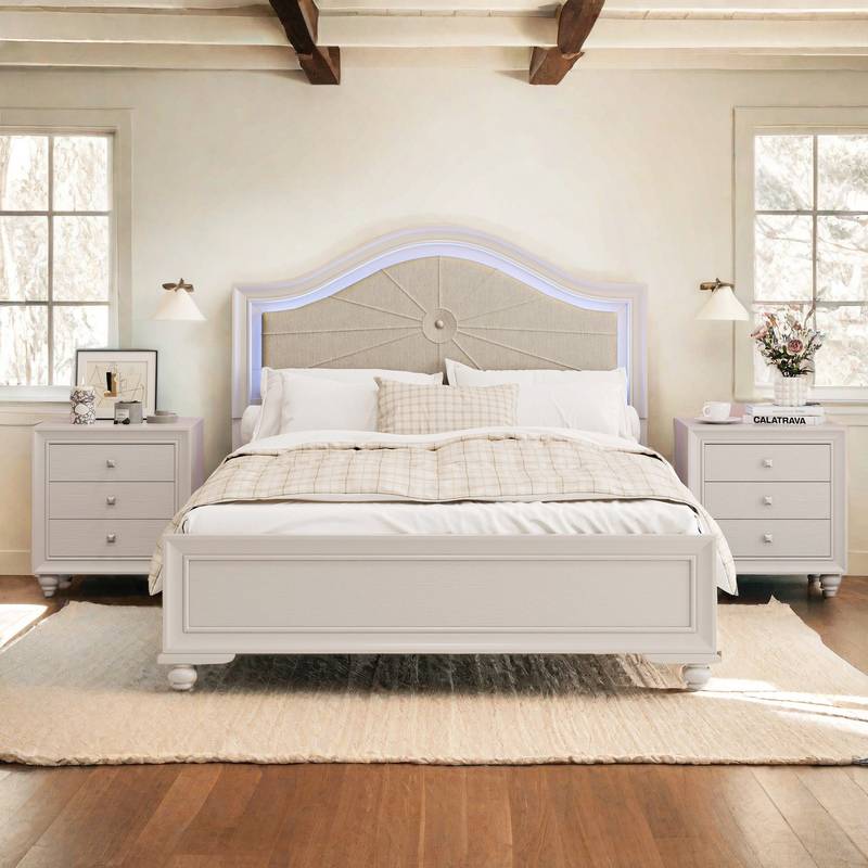 Cozy Cream Grey Queen Bedroom Set with LED Headboard & Nightstands
