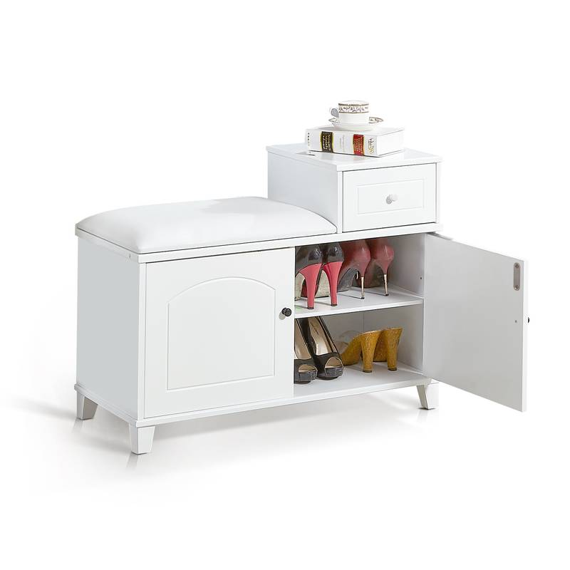 Cozy White Shoe Storage Bench with Cushion and Adjustable Drawer