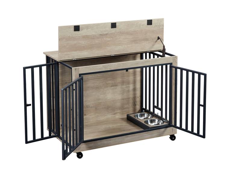 Chic Dog Crate Table with Feeding Bowl & Wheels
