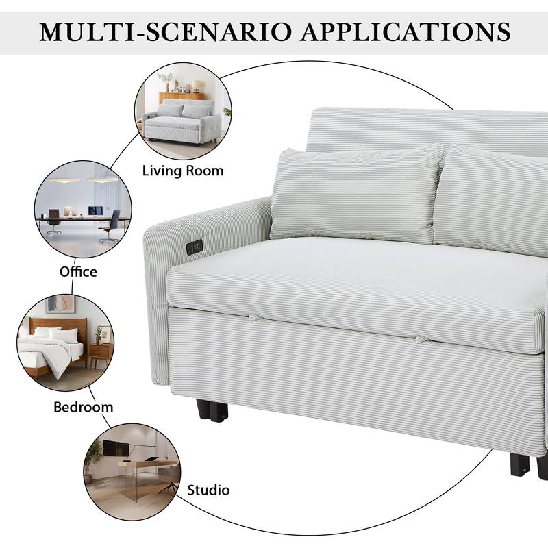 Light Blue Sleeper Sofa with USB Ports and Pillows