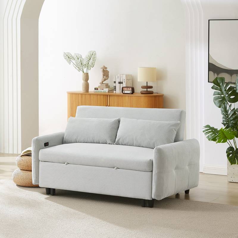 Light Blue Sleeper Sofa with USB Ports and Pillows