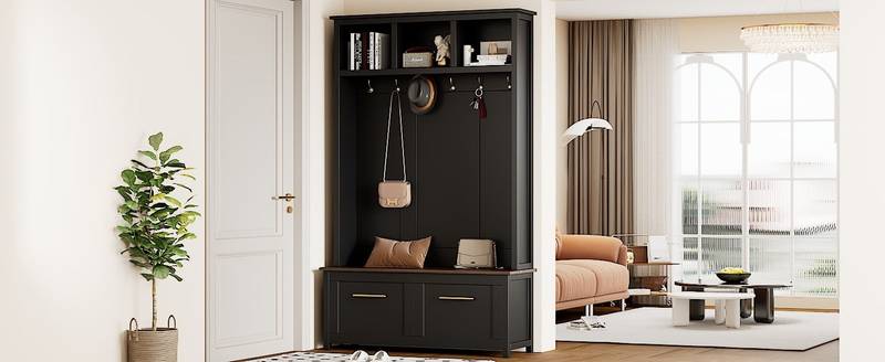 Chic Entryway Organizer with Stylish Hooks and Storage Bench