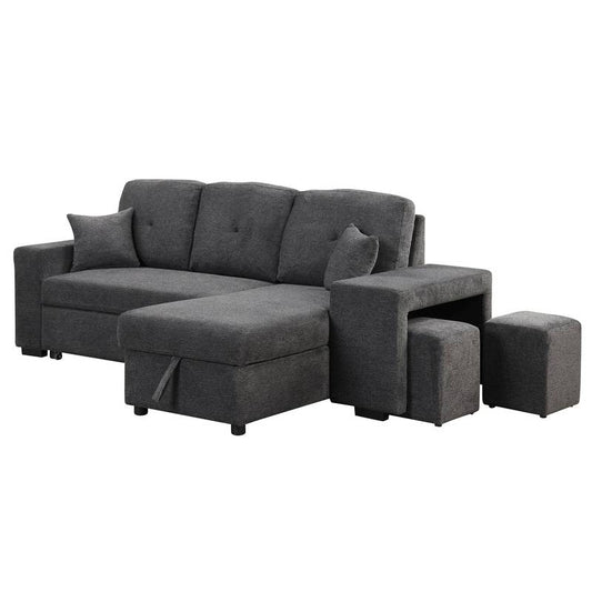 Versatile L-Shaped Sofa Bed with Side Shelf & Stools