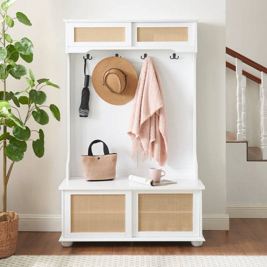 “Chic White Entryway Bench with Rattan Shelves and Shoe Storage”