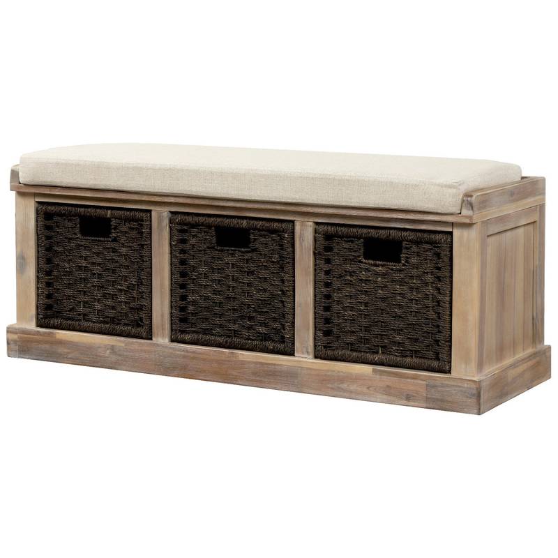 Chic Rustic Storage Bench with Woven Baskets and Cozy Cushion