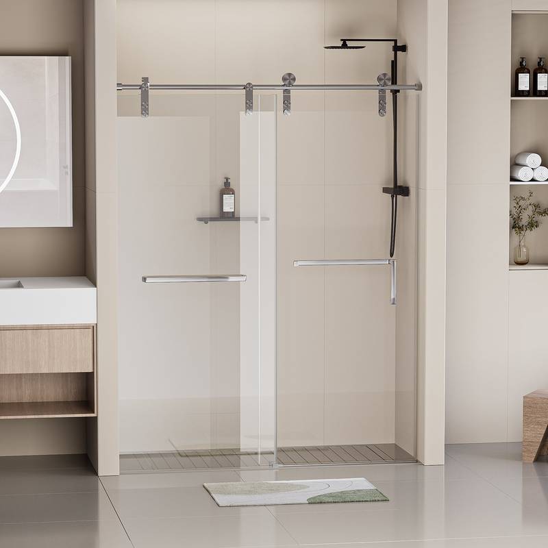 Sleek Sliding Frameless Shower Door with Tempered Glass and Brushed Nickel Hardware