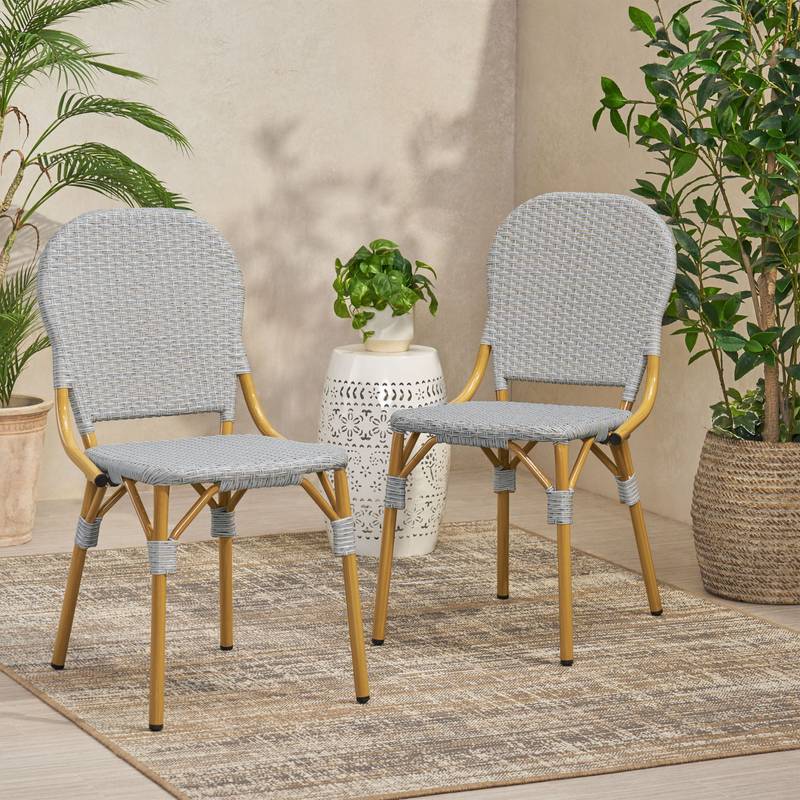 Cozy Bistro Duo: Gray Rattan & Bamboo Chairs
