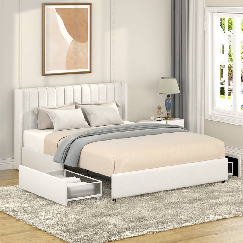 Ivory Boucle Tufted Storage Bed