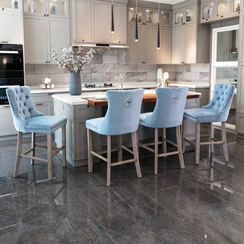 Chic Velvet Barstools with Tufted Detail - Set of Two (Light Blue)