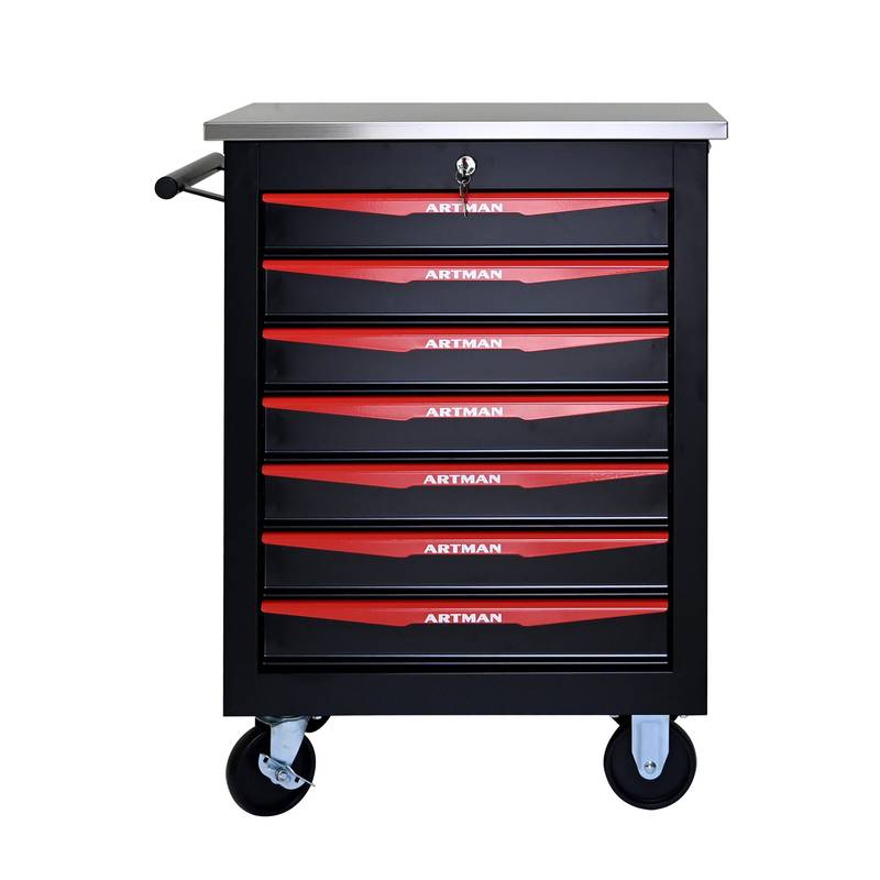 Rolling Tool Cart with Stainless Steel Top - Black & Red