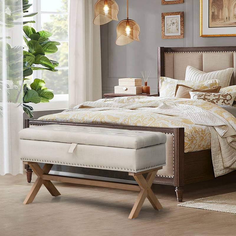 Cozy Linen Storage Ottoman Bench
