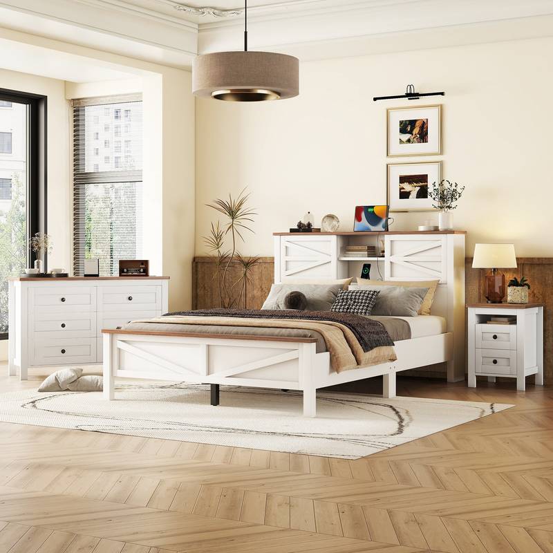 Charming Farmhouse Queen Bedroom Set with Storage Headboard & Nightstand