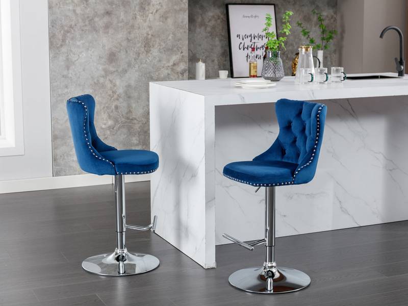 Chic Velvet Swivel Barstools - Set of Two in Blue