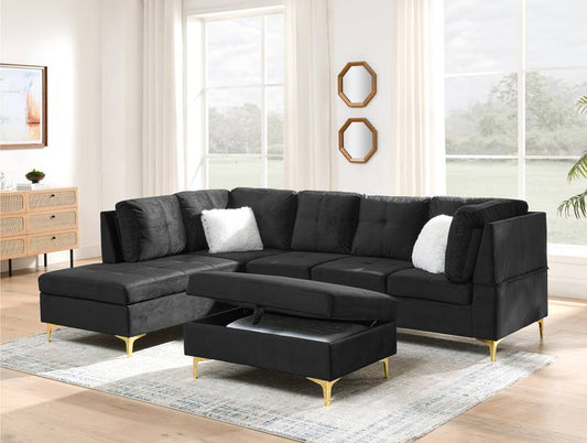 Chic Black Velvet L-Shaped Sectional Sofa with Storage Ottoman
