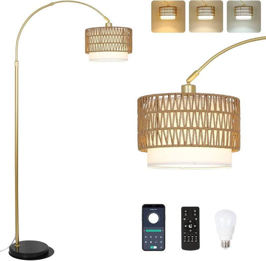 Cozy Rattan Arc Lamp with Remote & Dimming Features