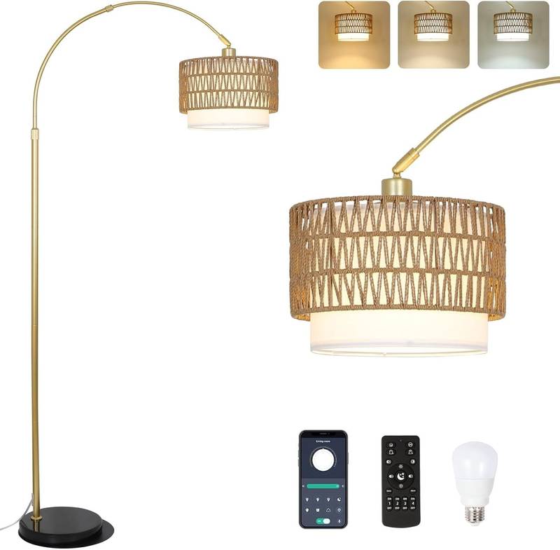 Cozy Rattan Arc Lamp with Remote & Dimming Features