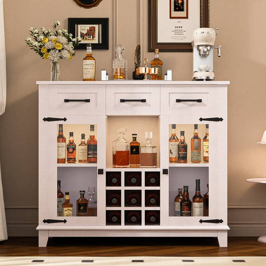 Charming Farmhouse Sideboard with LED Charging Station & Wine Rack