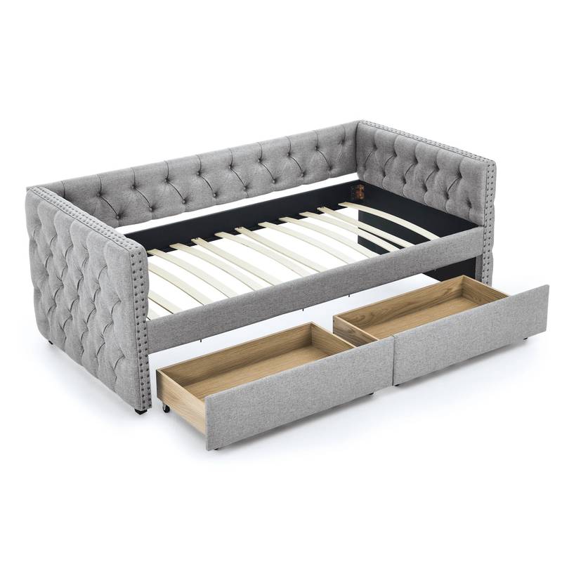 Chic Grey Twin Daybed with Storage Drawers