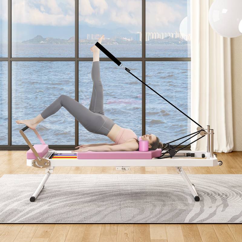 Pink Foldable Pilates Reformer for Home and Studio