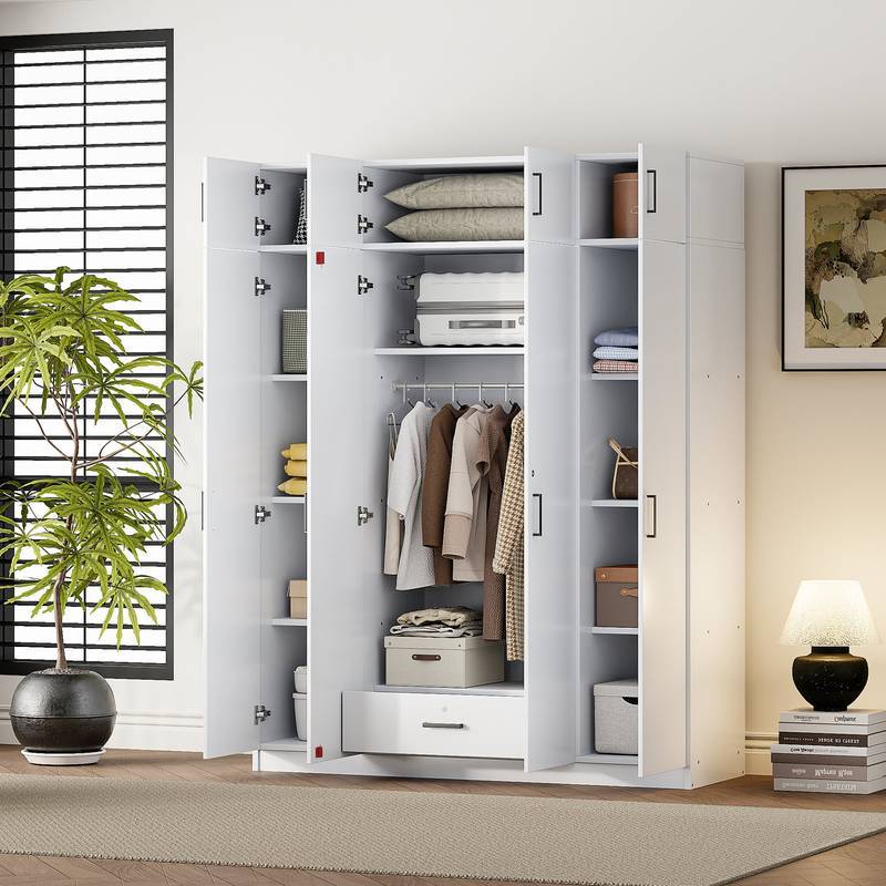 Chic White 4-Door Wardrobe with Drawer & Top Storage