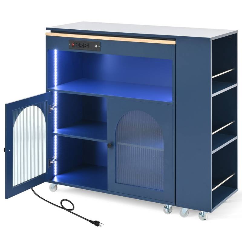 Navy Rolling Kitchen Island with LED Lights & Storage