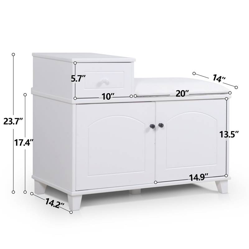 Cozy White Shoe Storage Bench with Cushion and Adjustable Drawer