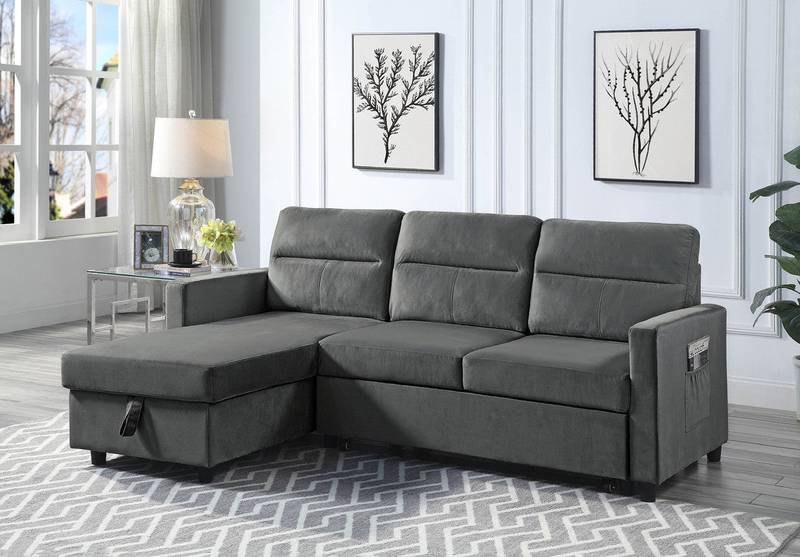 Cozy Gray Velvet Reversible Sleeper Sofa with Storage