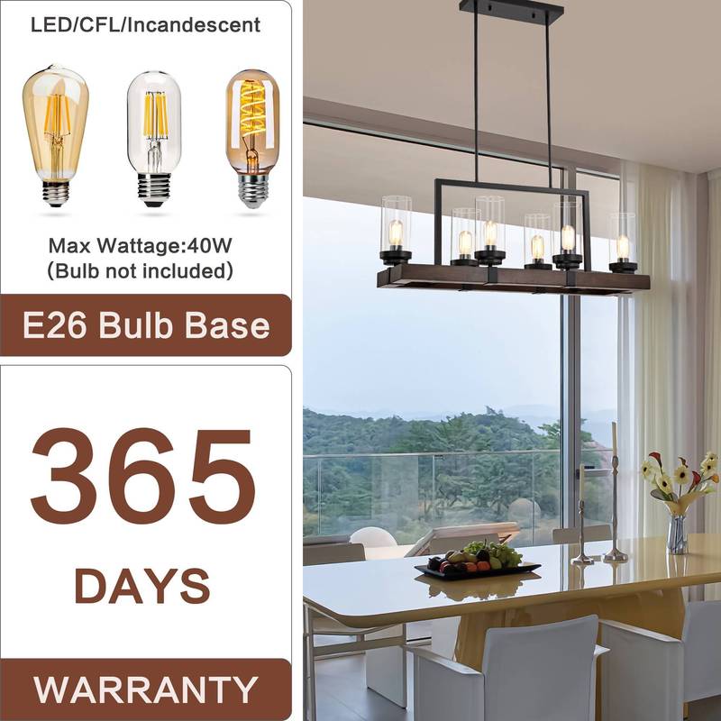 Modern Matte Black & Wood Chandelier - Adjustable 6-Light Pendant