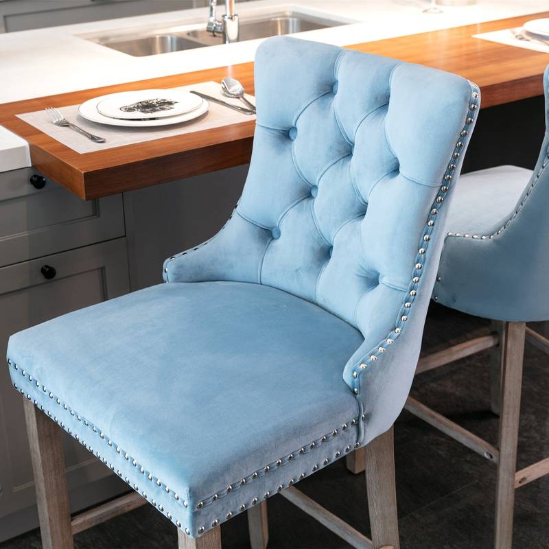 Chic Velvet Barstools with Tufted Detail - Set of Two (Light Blue)