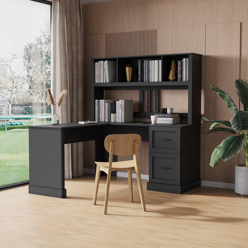 Chic Antiqued Black Home Office Desk with Hutch
