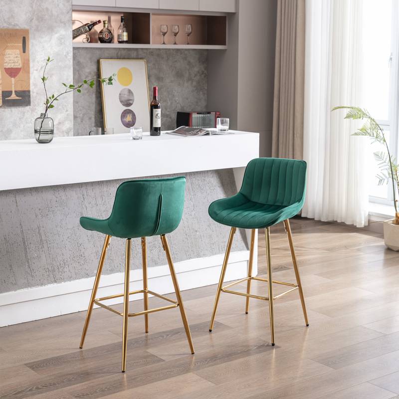 Chic Green Velvet Bar Stools with Gold Legs - Set of Two
