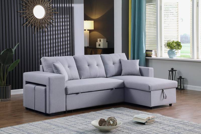 Cozy Light Gray Reversible Sleeper Sectional with Storage and Stools