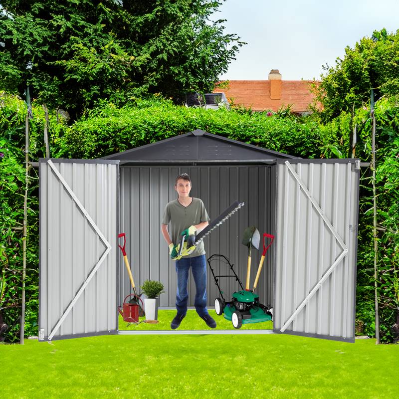 Stylish Gray and White Garden Shed for Outdoor Tool Storage