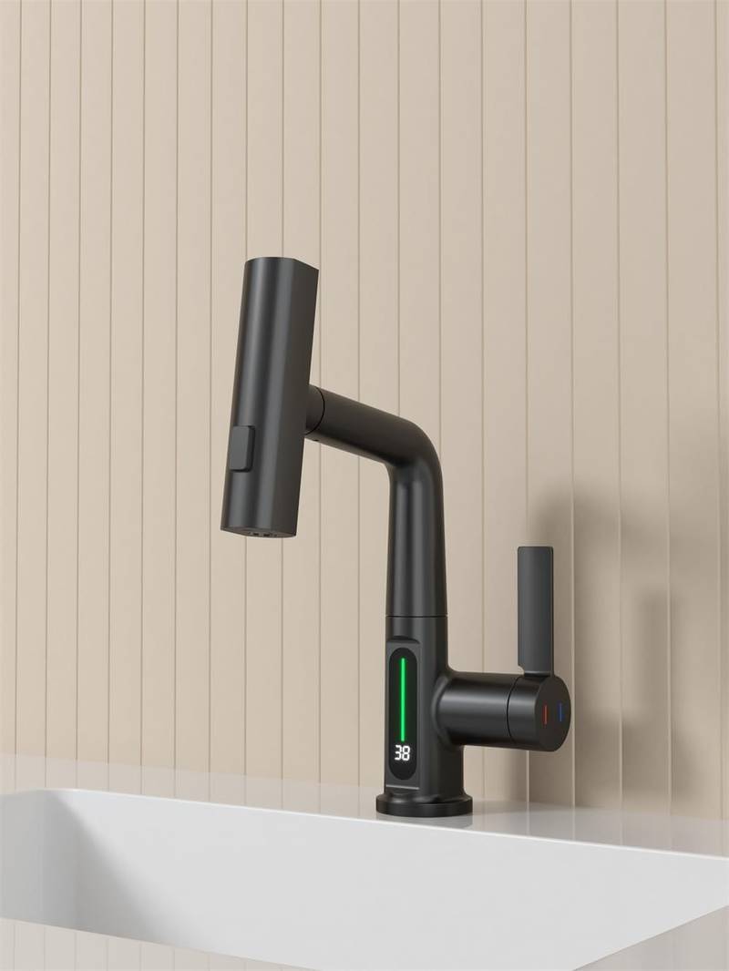 Sleek Matte Black Rotating Waterfall Faucet with LED Temperature Display