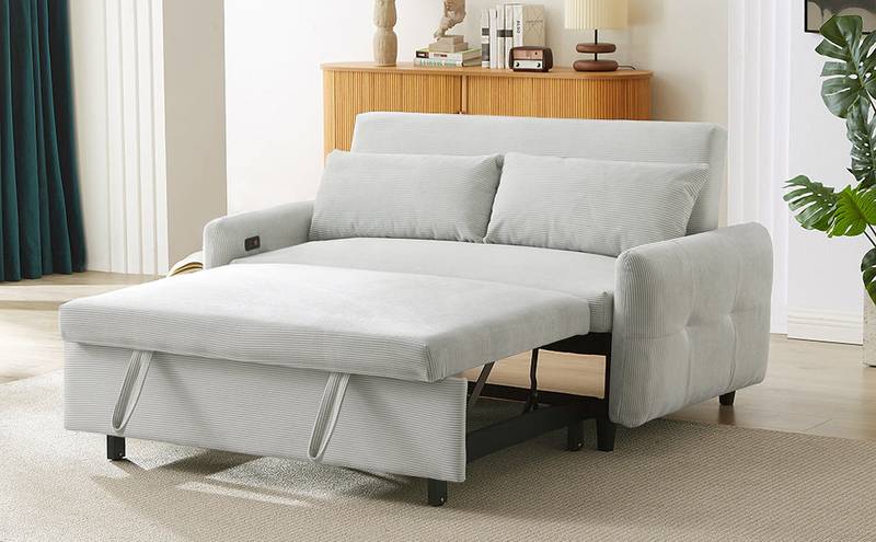 Light Blue Sleeper Sofa with USB Ports and Pillows
