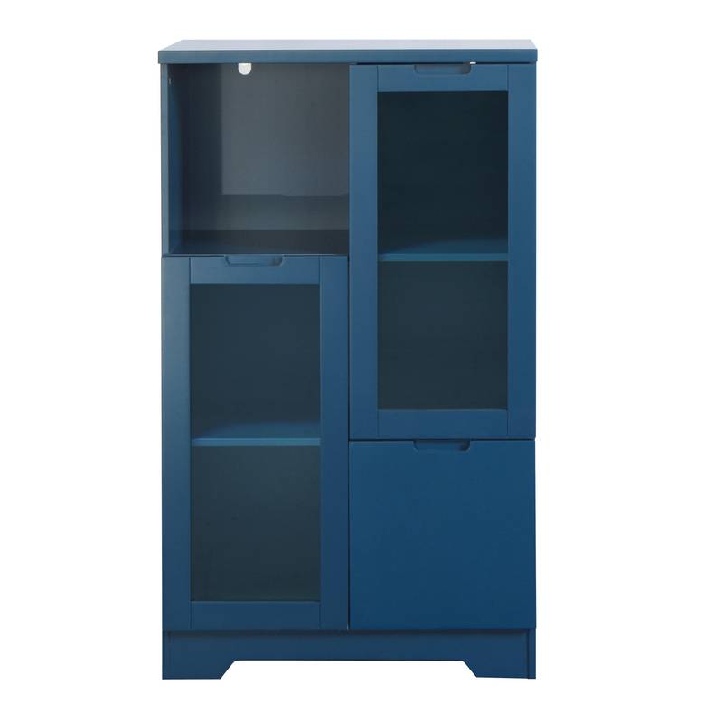 Navy Blue Glass-Front Cabinet with Open Storage