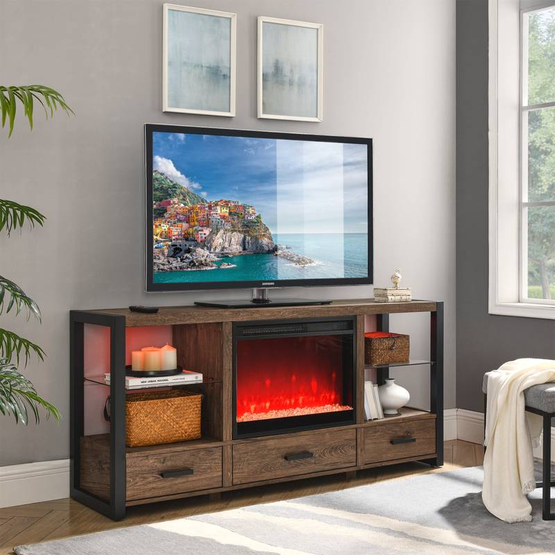 Cozy LED Fireplace TV Stand in Rustic Barnwood